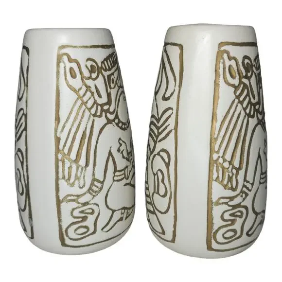 Vintage Mid-Century Mayan Aztec Native Design Vase Pair Cream Gold USA Made - Picture 6 of 16